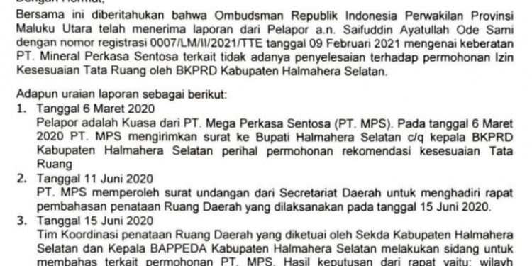 Bukti surat permintaan klarifikasi dari Ombudsman ke Bappeda dan BKPRD